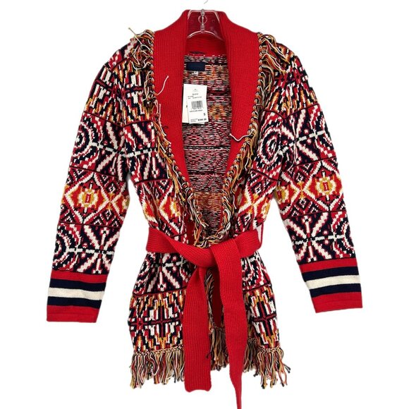 MOTHER Red Blue Fringe Knit Belted CardiganNew With Tags